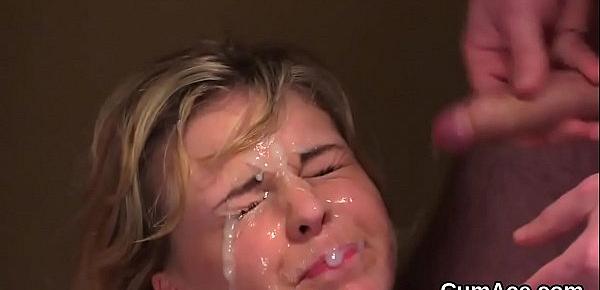  Spicy centerfold gets cumshot on her face sucking all the jism